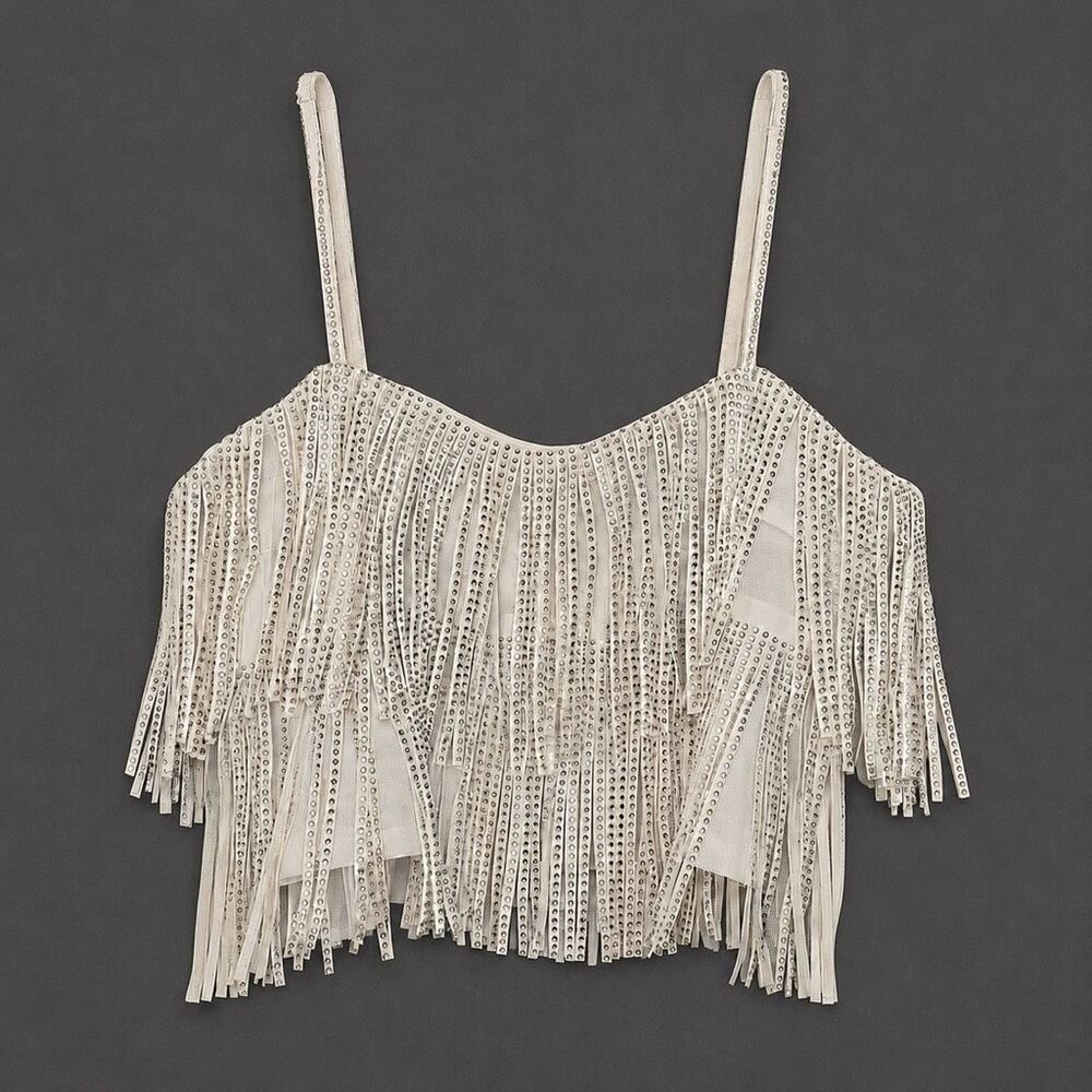 NYLON Apparel Western Glam Rhinestone Fringe Crop Top Ivory Women M